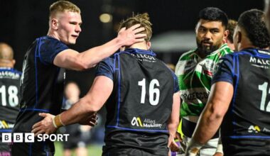 Warriors' Seb Stephen (centre) celebrates scoring his side's fourth try during a BKT United Rugby Championship match between Glasgow Warriors and Benetton at Scotstoun Stadium, on March 27, 2026, in Glasgow, Scotland