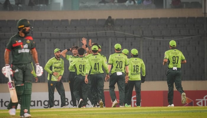 Pakistan players celebrate a wicket during the second ODI against Bangladesh at the Shere Bangla National Stadium in Dhaka, Bangladesh, March 13, 2026. — X/@TheRealPCB