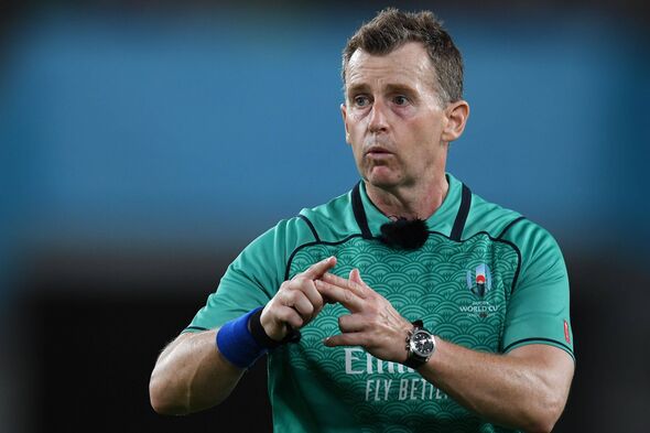 (FILES) In this file photo taken on October 05, 2019 Welsh referee Nigel Owens gestures  during the Japan 2019 Rugby World Cup P