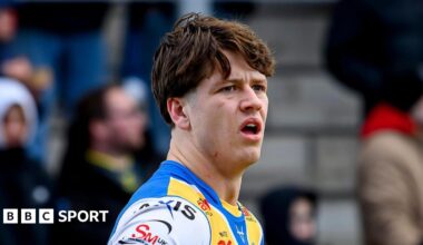 Riley Lumb during a Leeds Rhinos pre-season game with his mouth open