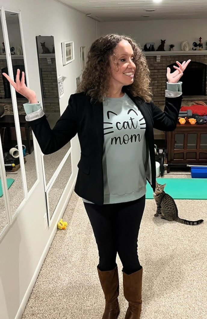 The author on her way to a school presentation (which includes pictures of her cats).