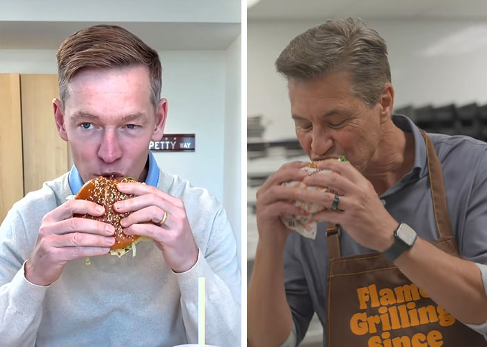 Burger King boss biting into Whopper on left, McDonald's CEO eating burger on right in side-by-side comparison video. Burger King boss biting into Whopper on left, McDonald's CEO eating burger on right in side-by-side comparison video.
