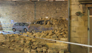 PHOTOS: Traffic chaos as wall collapses onto parked car in Lancaster city centre