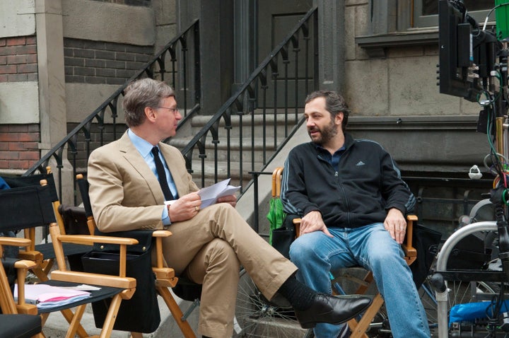 Director Paul Feig and producer Judd Apatow behind the scenes of Bridesmaids in the early 2010s