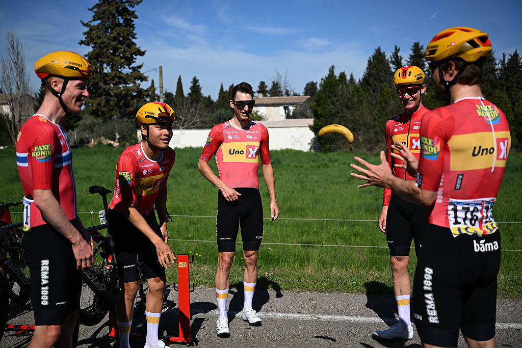 BARBENTANE, FRANCE - MARCH 13: Sakarias Koller Loland of Norway and Team Uno-X Mobility (L) with teammates prior to the 84th Paris-Nice 2026, Stage 6 a 179.3km stage from Barbentane to Apt 234m / #UCIWT / on March 13, 2026 in Barbentane, France. (Photo by Szymon Gruchalski/Getty Images)