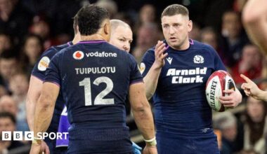 Scotland's Finn Russell and Sione Tuipulotu during a Guinness Six Nations match between Wales and Scotland at The Principality Stadium, on February 21, 2026, in Cardiff, Wales.