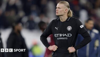 Erling Haaland stands with hands on his hips during the draw at West Ham