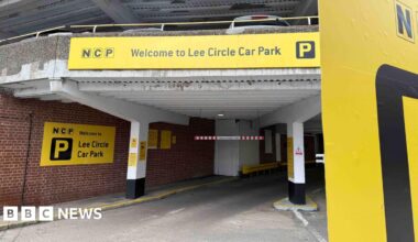 Picture shows an empty entrance to Lee Circle Car Park with NCP signage
