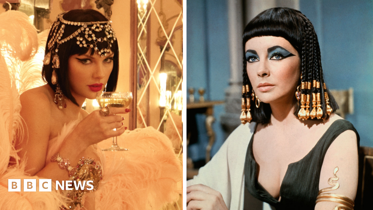Taylor Swift and Elizabeth Taylor pictured in a split photograph. On the left, Swift is wearing a bejewelled headpiece and a black wig, while holding a glass of champagne to her lips. On the right, Elizabeth Taylor wears a similar wig, while posing on the set of her 1963 film Cleopatra.