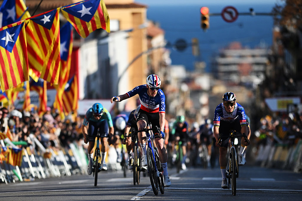 SANT FELIU DE GUIXOLS, SPAIN - MARCH 23: (L-R) Dorian Godon of France and Team INEOS Grenadiers celebrates at finish line as stage winner ahead of Remco Evenepoel of Belgium and Team Red Bull - BORA - hansgrohe during the 105th Volta a Catalunya 2026, Stage 1 a 172.7km stage from Sant Feliu de Guixols to Sant Feliu de Guixols on March 23, 2026 in Sant Feliu de Guixols, Spain. (Photo by Szymon Gruchalski/Getty Images)