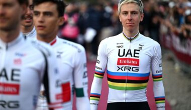 SIENA, ITALY - MARCH 06: Tadej Pogacar of Slovenia and UAE Team Emirates - XRG during the team presentation prior to the 20th Strade Bianche 2026 / #UCIWT / #UCIWWT / on March 06, 2026 in Siena, Italy. (Photo by Luc Claessen/Getty Images)