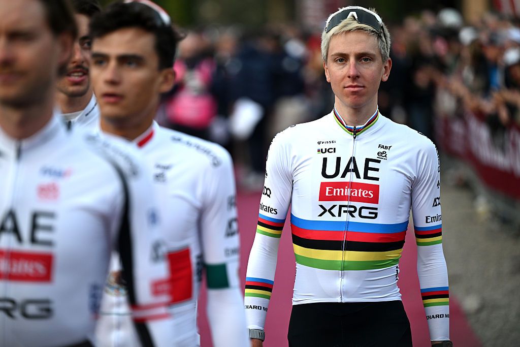 SIENA, ITALY - MARCH 06: Tadej Pogacar of Slovenia and UAE Team Emirates - XRG during the team presentation prior to the 20th Strade Bianche 2026 / #UCIWT / #UCIWWT / on March 06, 2026 in Siena, Italy. (Photo by Luc Claessen/Getty Images)