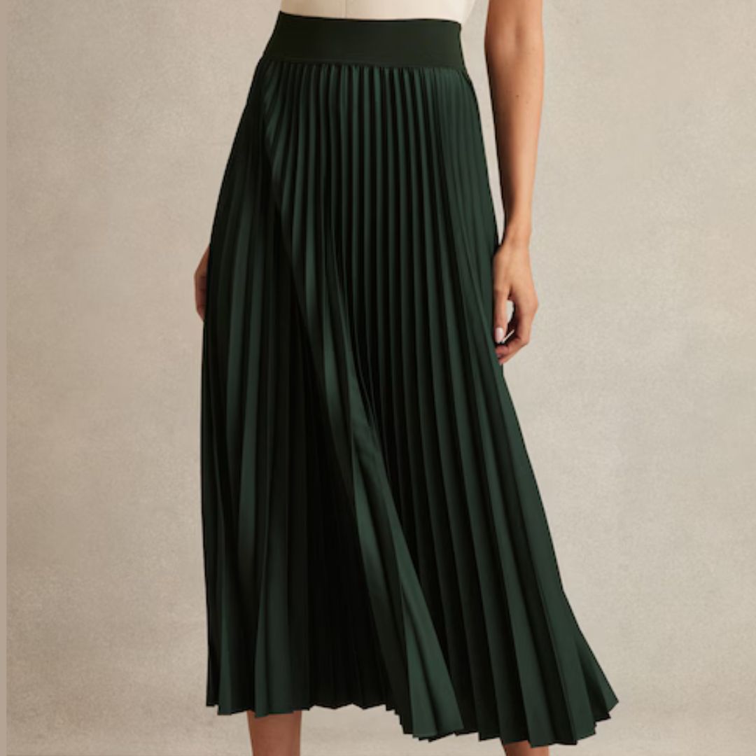 Reiss Dark Green Pleated Midi Skirt