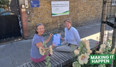 Alice Roberts, CPRE and Cllr Champion Cllr Rowena Champion, Executive Member for Environment, Air Quality, and Transport at Islington Council on the Robet Blair school street in Islington.