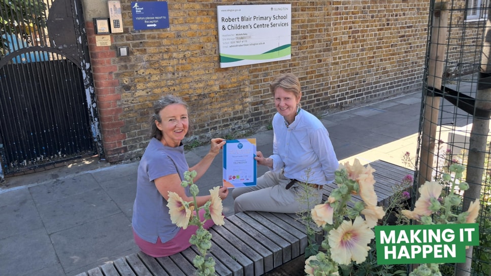 Alice Roberts, CPRE and Cllr Champion Cllr Rowena Champion, Executive Member for Environment, Air Quality, and Transport at Islington Council on the Robet Blair school street in Islington.