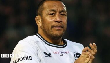 Mako Vunipola in white rugby shirt, playing for Saracens