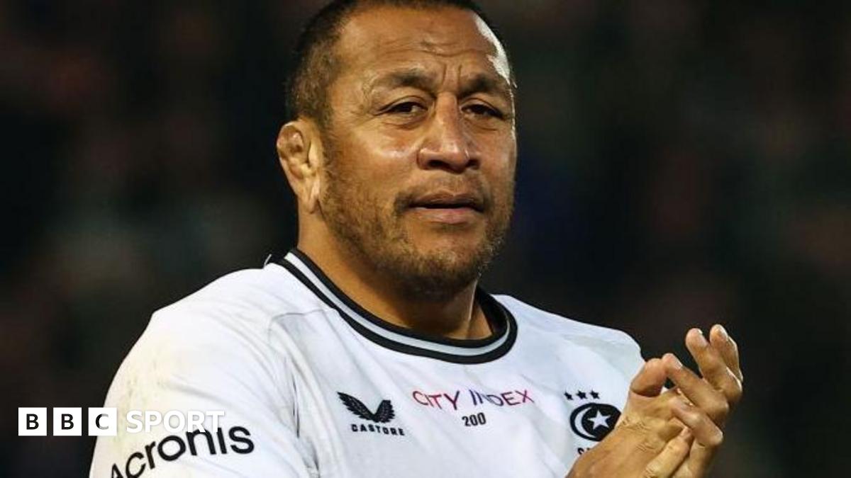 Mako Vunipola in white rugby shirt, playing for Saracens