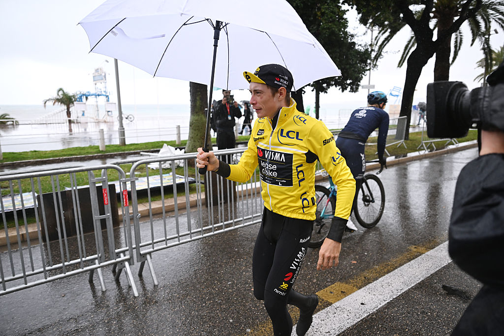 NICE, FRANCE - MARCH 14: Jonas Vingegaard of Denmark and Team Visma | Lease a Bike - Yellow Leader Jersey prior to the 84th Paris-Nice 2026, Stage 7 a 47km stage from Nice to Isola 855m / The finish was moved from Auron to Isola, due to adverse weather conditions / #UCIWT / on March 14, 2026 in Nice, France. (Photo by Szymon Gruchalski/Getty Images)
