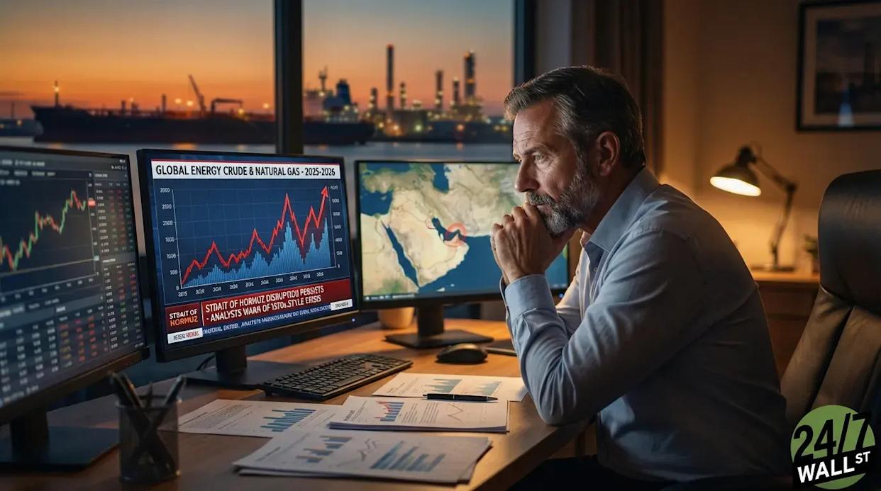 A man with a beard, wearing a light blue shirt, sits at a desk in front of three computer monitors. He looks intently at the screens, his hands clasped under his chin. The central monitor displays a red and blue line graph titled 'GLOBAL ENERGY CRUDE & NATURAL GAS - 2025-2026' with a news ticker about the Strait of Hormuz. The right monitor shows a map of the Middle East. Papers with charts and graphs are scattered on the desk. In the background, an industrial port scene with ships and refinery structures is visible through a large window at dusk.