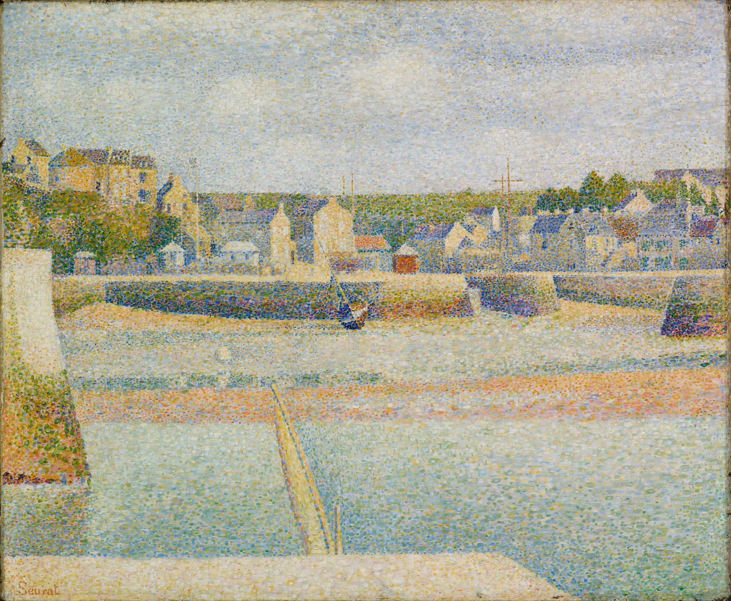 Pointillist oil painting of a harbor at low tide, with a village on a hill in the background.
