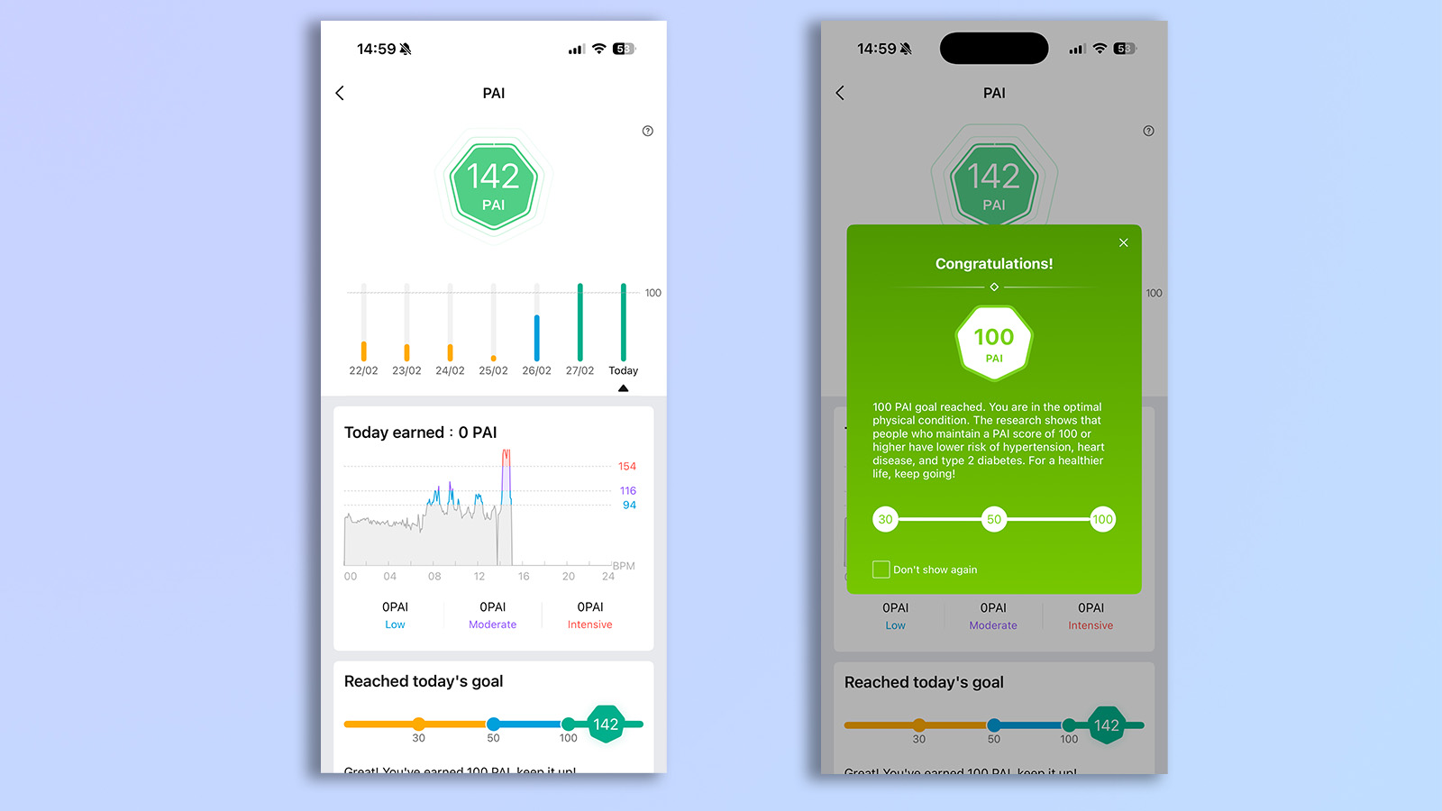two screenshots from the zepp app showing PAI score