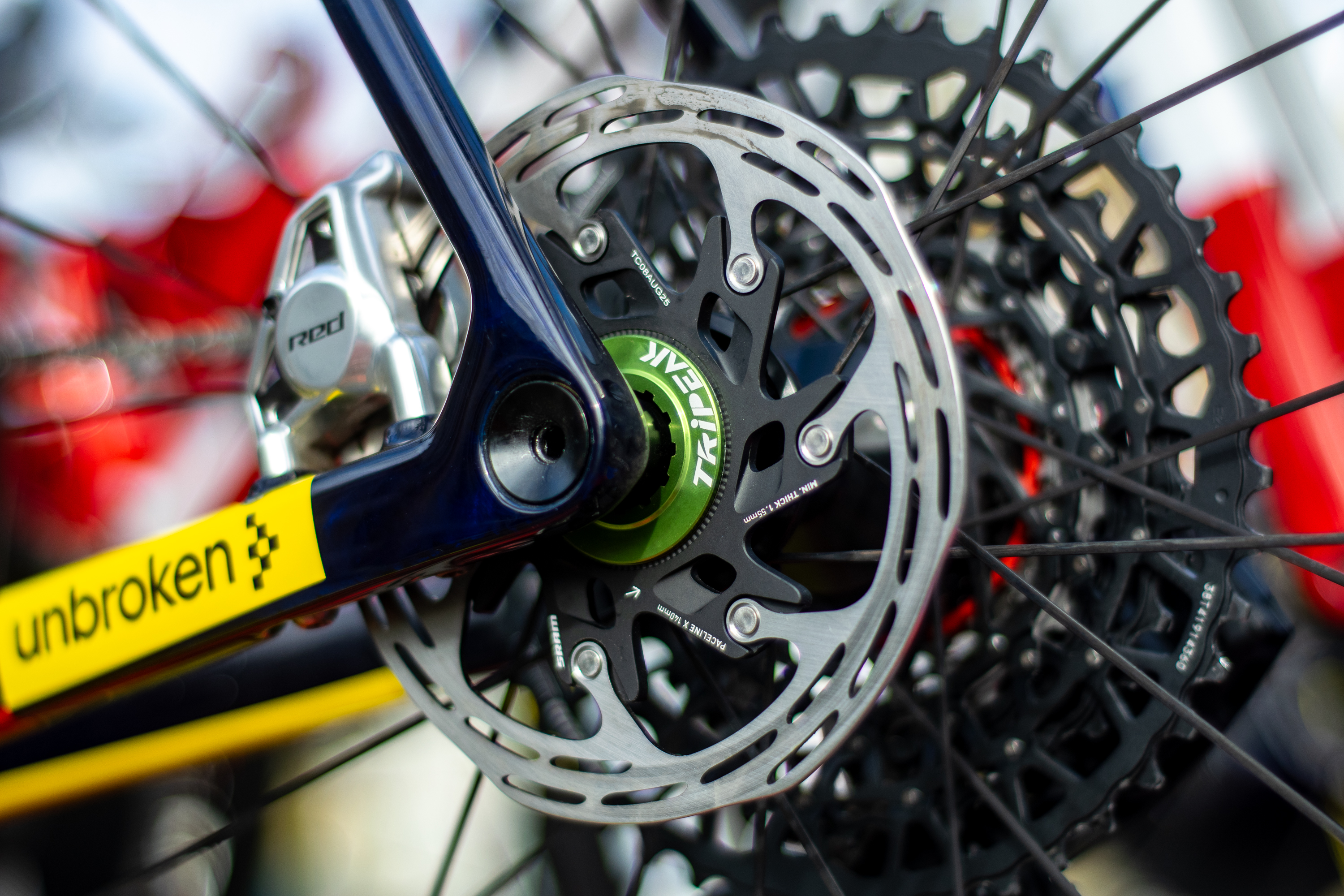 Closeup view of the disc brake/rear dropouts on a Lidl-Trek bike