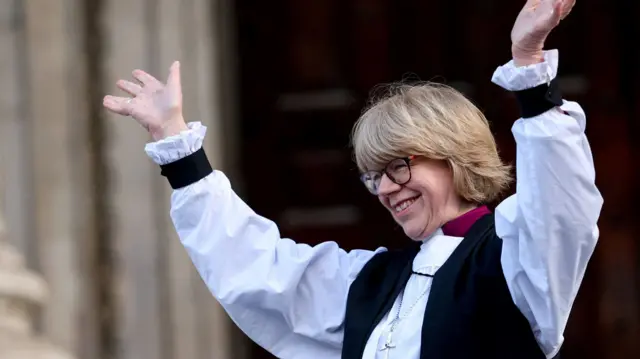 Britain's Archbishop of Canterbury Sarah Mullally gestures after the service of confirmation of her election at St Paul’s Cathedral, where she officially became the 106th Archbishop of Canterbury.