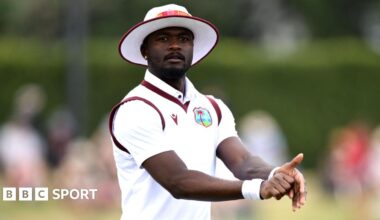 Jayden Seales of the West Indies looks on during day one of the Third Test match in the series between New Zealand and West Indies