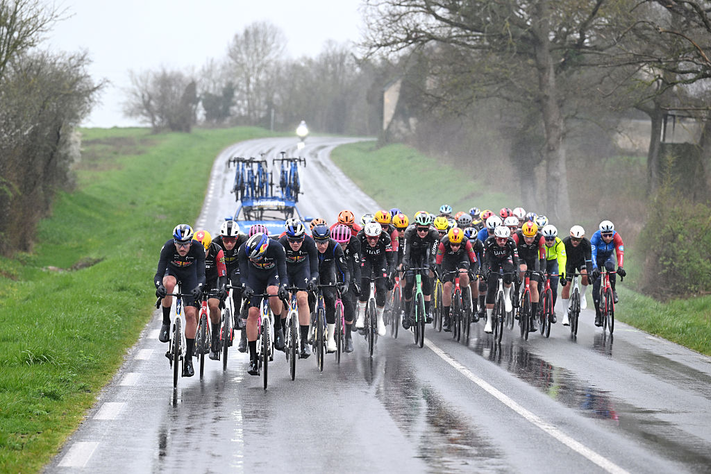 UCHON, FRANCE - MARCH 11: A general view of the peloton competing during the 84th Paris-Nice 2026, Stage 4 a 195km stage from Bourges to Uchon / #UCIWT / on March 11, 2026 in Uchon, France. (Photo by Szymon Gruchalski/Getty Images)