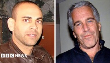 A composite image showing Ramsey Elkholy on the left, with a shaven head, stubble and wearing a brown leather motorbike-style jacket, and on the right, Jeffrey Epstein, a man with grey hair wearing a navy quarter-zip jumper.