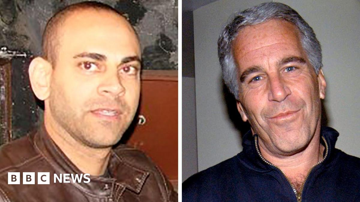A composite image showing Ramsey Elkholy on the left, with a shaven head, stubble and wearing a brown leather motorbike-style jacket, and on the right, Jeffrey Epstein, a man with grey hair wearing a navy quarter-zip jumper.