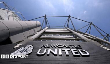 A general view of the club badge on the side of the West Stand during the Premier League match between Newcastle United and Brighton & Hove Albion