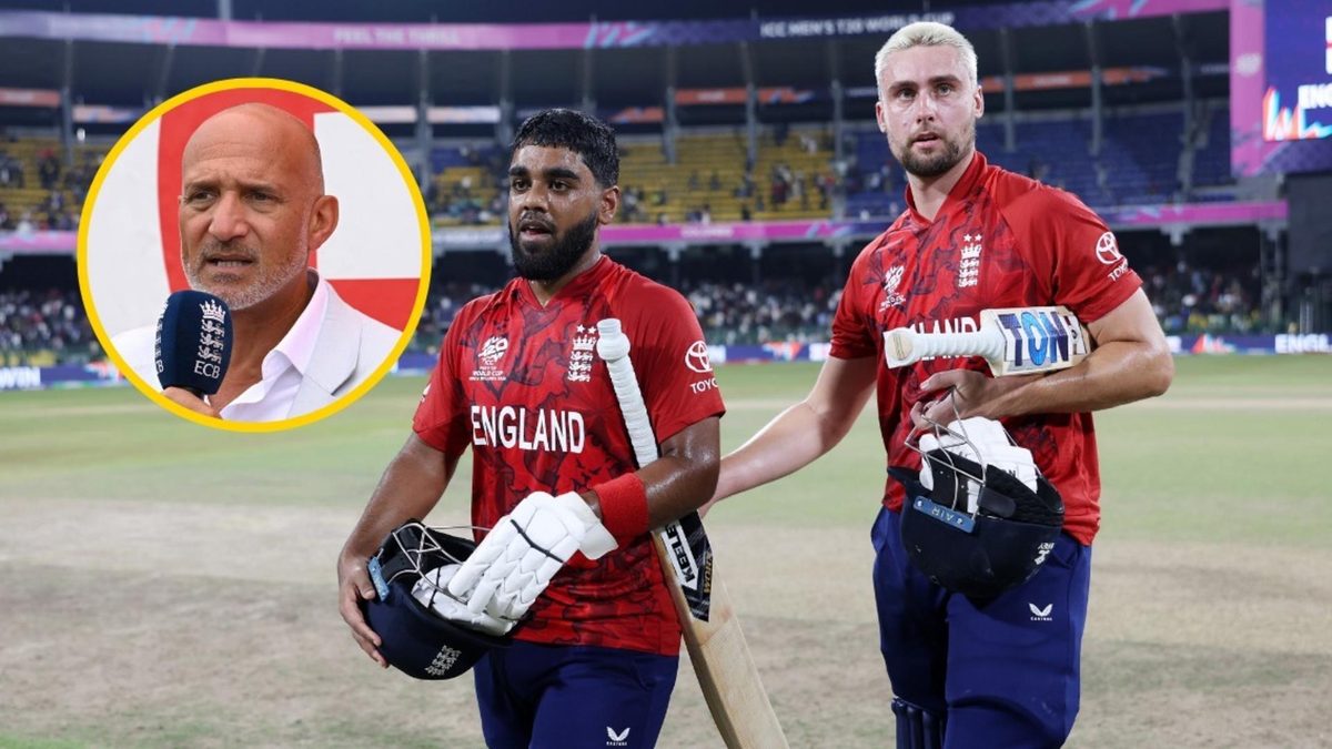 Rehan Ahmed and Will Jacks walk off the pitch after England's T20 World Cup win over New Zealand, Mark Butcher circular cut out