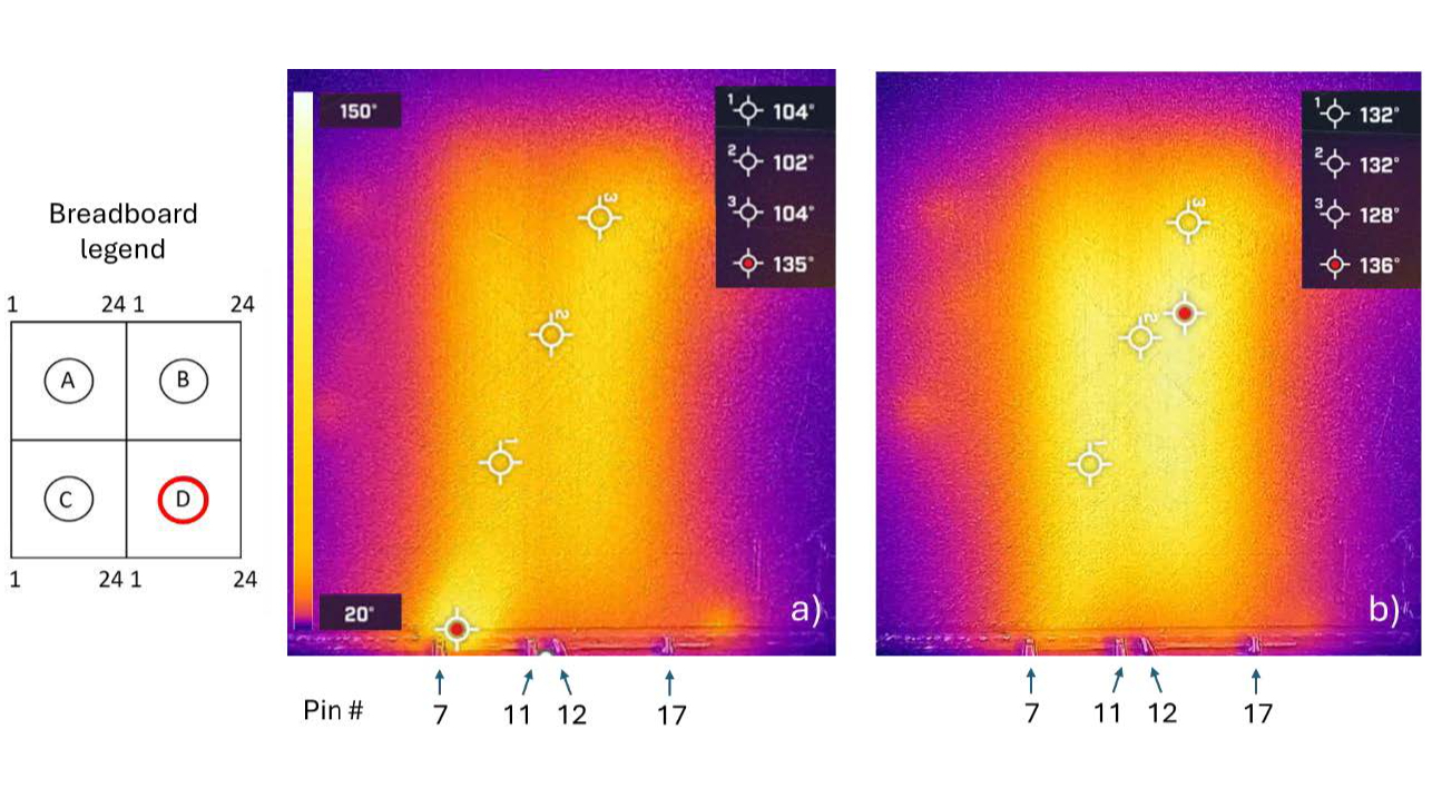 two side-by-side thermal images showing the result of a self-healing material's repair process. both images are yellowish-orange in the middle, with purplish bars on the left and right