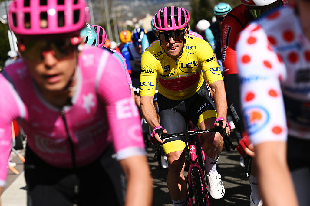 MONTARGIS, FRANCE - MARCH 09: Luke Lamperti of United States and Team EF Education - EasyPost - Yellow leader jersey competes during the 84th Paris-Nice 2026, Stage 2 a 187km stage from Epone to Montargis / #UCIWT / on March 09, 2026 in Montargis, France. (Photo by Szymon Gruchalski/Getty Images)