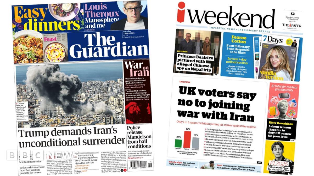 The headline on the front page of the Guardian reads: "Trump demands Iran's unconditional surrender."