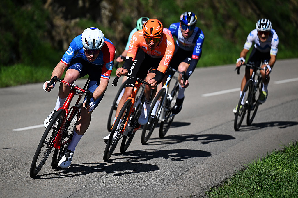 COLOMBIER-LE-VIEUX, FRANCE - MARCH 12: (L-R) Remi Cavagna of France and Team Groupama - FDJ United and Joshua Tarling of Great Britain and Team INEOS Grenadiers compete in the breakaway during the 84th Paris-Nice 2026, Stage 5 a 206.3km stage from Cormoranche-sur-Saone to Colombier-le-Vieux 422m / #UCIWT / on March 12, 2026 in Colombier-le-Vieux, France. (Photo by Szymon Gruchalski/Getty Images)