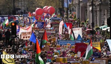 A crowd of people walk London, their heads are seen amongst dozens of colourful signs, flags and plaquards.