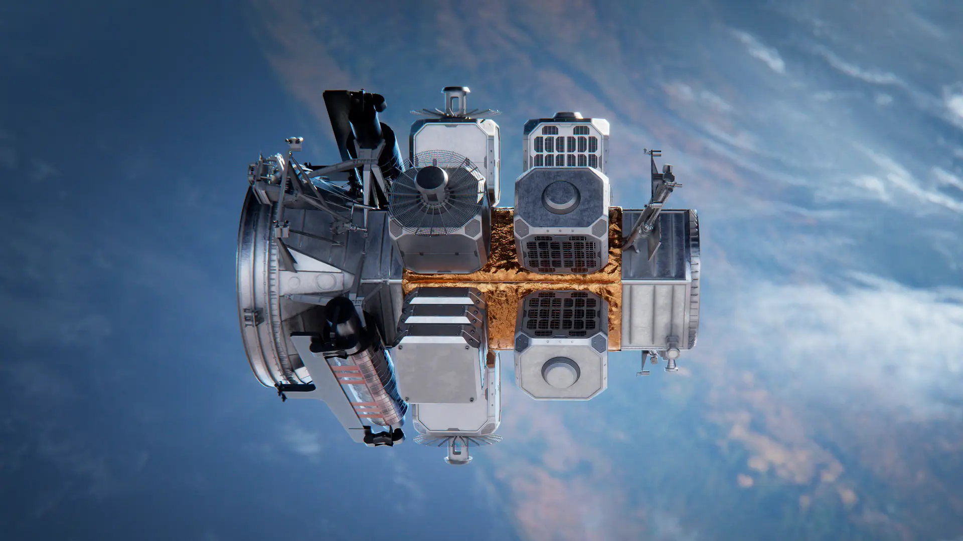 a satellite with many parts floats in space above Earth.