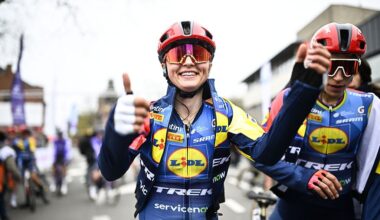 Fleur Moors celebrates at the finish line after placing second at In Flanders Fields 2026