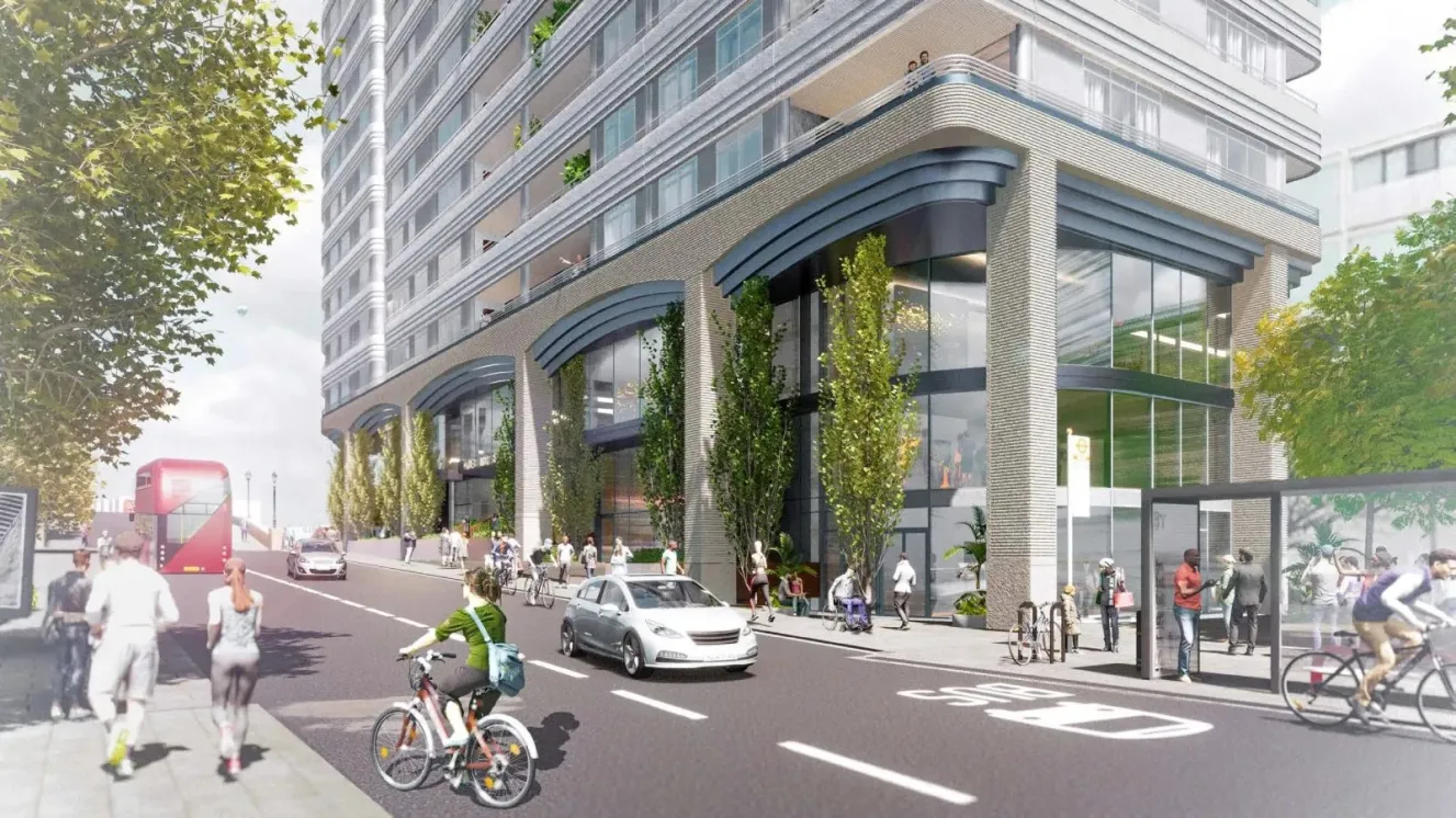 Illustration of the proposed Farrells' 29-story residential tower at One Battersea Bridge.