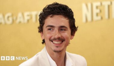 Timothée Chalamet smiling. He is wearing a white shirt and suit jacket. He has dark brown hair. The background behind him is gold.