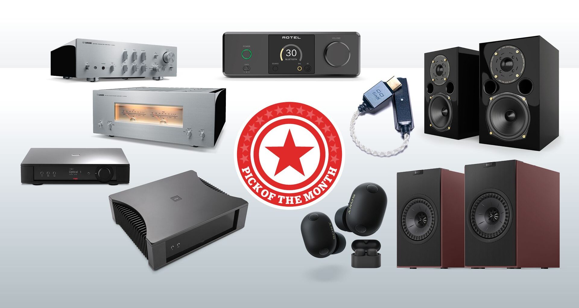 What Hi-Fi? pick of the month products on greyscale background