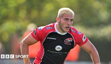 Sol Moody in the red and black shirt of Champ side Cornish Pirates