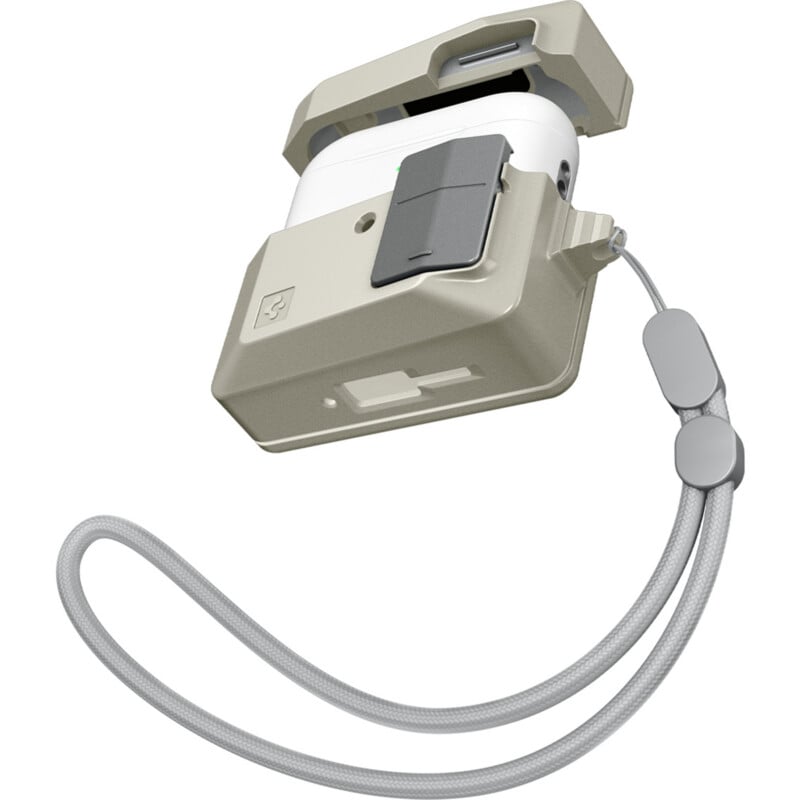 A compact, beige protective case with a gray strap and clip, designed to hold and secure a pair of white wireless earbuds. The case features a latch and a small slot for added protection and portability.