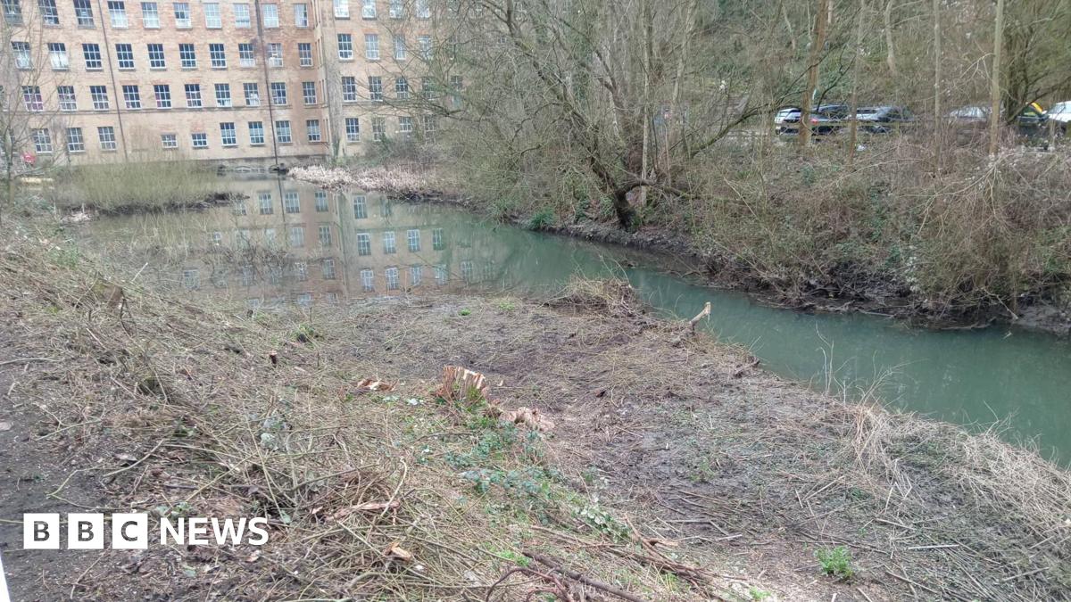 Area of scruffy, cleared scrub land in a dip, with a strip of water at the bottom, leading up to a historic mill building