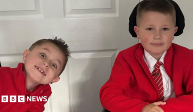 A boy in a black football shirt sits in his electric wheelchair on newly laid artificial grass in a sunny back garden. A raised timber flower bed with freshly planted flowers and daffodils separates the lawn from a bark-covered area, with the edge of a trampoline visible to the left. The garden backs onto a red brick bungalow under a clear blue sky.