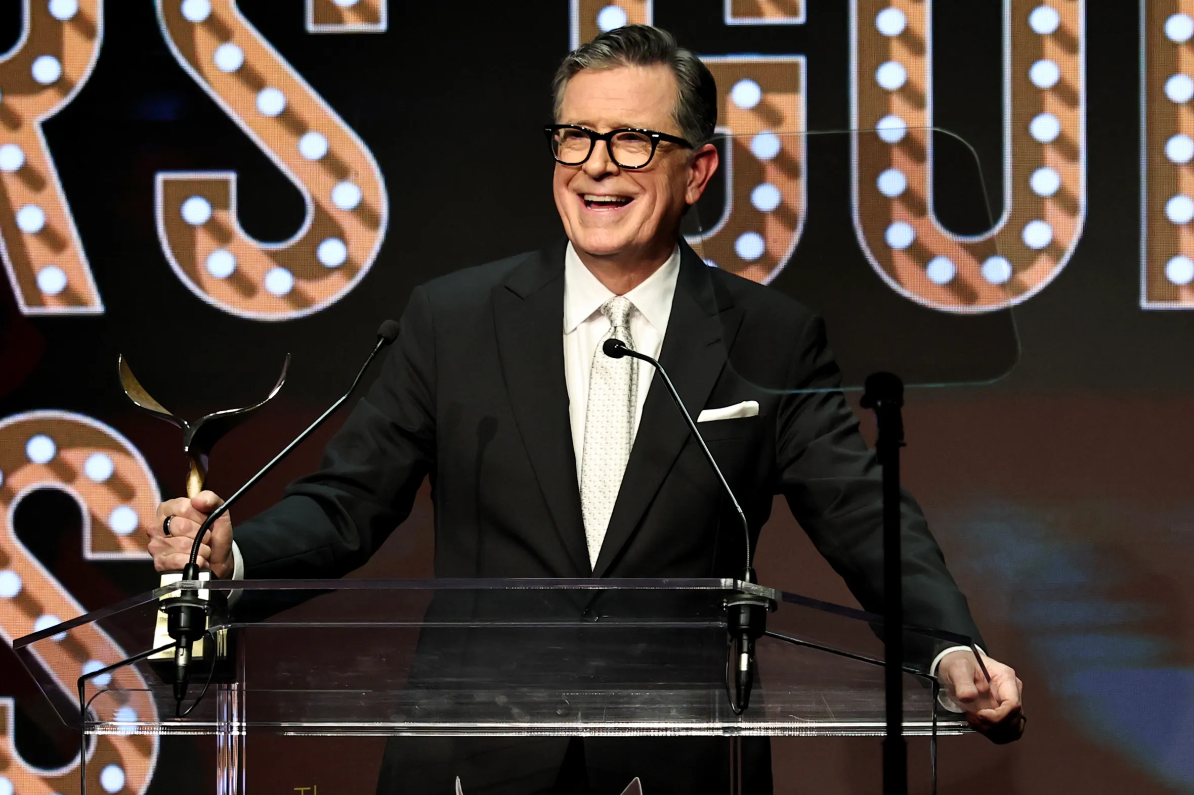 Stephen Colbert speaking at the 2026 Writers Guild Awards ceremony.