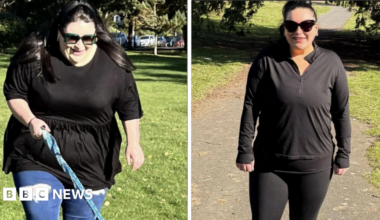 Two pictures of the same woman with dark hair, wearing black clothes and smiling at the camera.