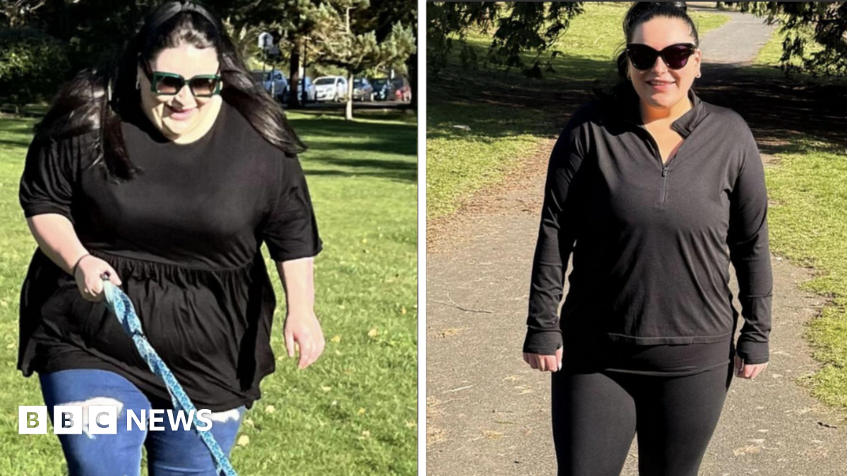 Two pictures of the same woman with dark hair, wearing black clothes and smiling at the camera.